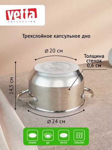 Кастрюля 6,3л 24х14,5см со стекл крышкой индукция Бирмингем