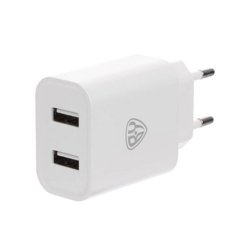 Сетевое зарядное устройство BY Double 10Вт, 2xUSB, 2А, 5В,110-240В, 50-60Гц, пластик белый
