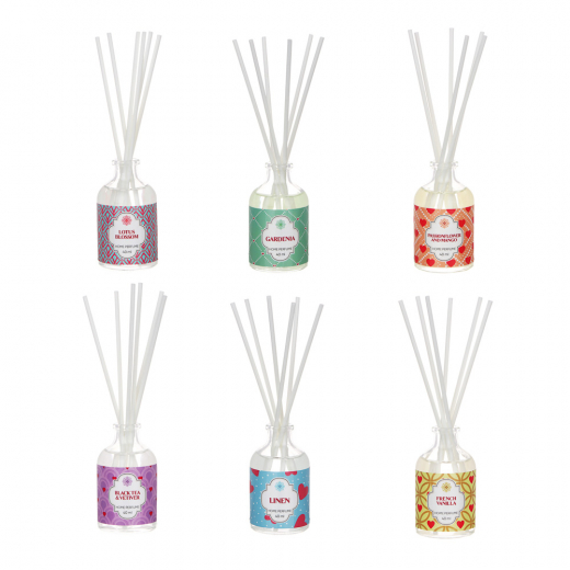 Аромадиффузор с палочками 40мл 6 ароматов лен,гардения,лотос,ваниль,тропич. фрукты,хлопок