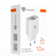 Сетевое зарядное устройство BY Double 10Вт, 2xUSB, 2А, 5В,110-240В, 50-60Гц, пластик белый